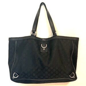 Gucci Black GG Monogram Canvas Tote with Black Leather Straps